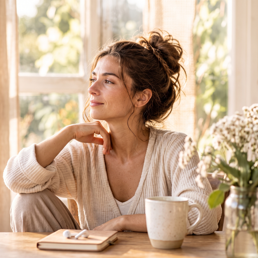 Femme apaisée souriant près d'une fenêtre avec une tasse de thé, un carnet et ses écouteurs — Créer son refuge intérieur avec le programme Apaisée