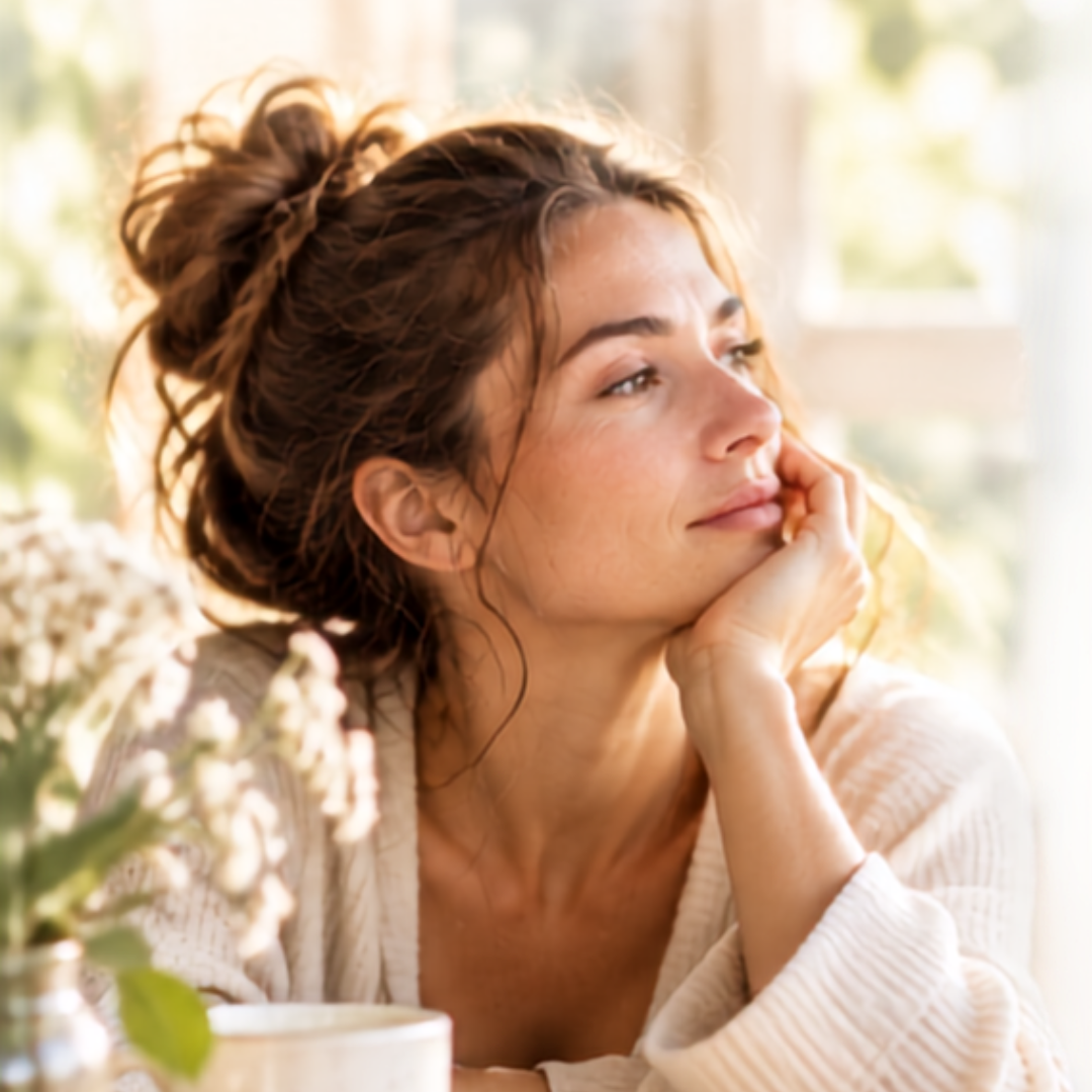 Femme apaisée pensive avec une tasse de thé — Créer son refuge intérieur avec le programme Apaisée