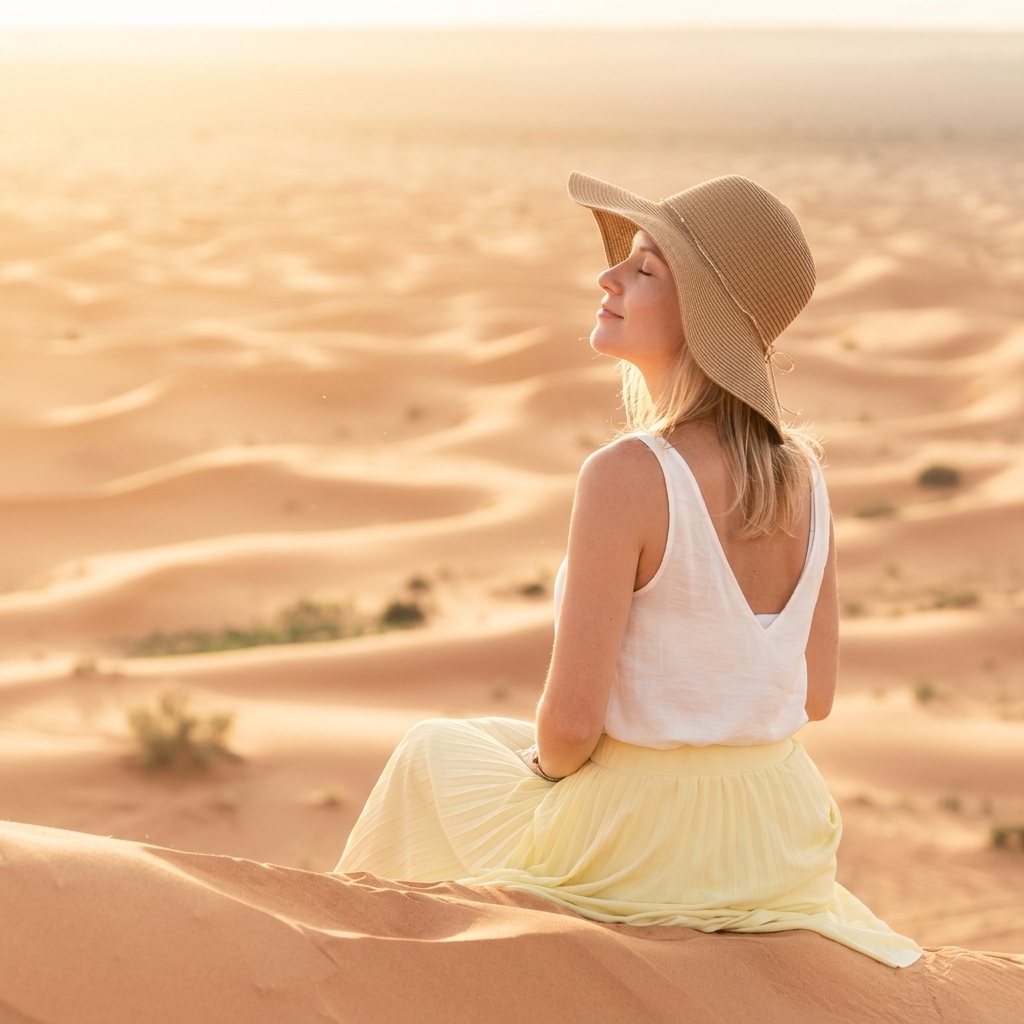 Femme assise sur une dune de sable au coucher du soleil, respirant calmement les yeux fermés — Méditation et apaisement mentalc sérénité